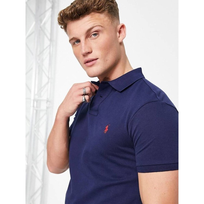 Polo Ralph Lauren slim fit pique polo with red player logo in washed navy