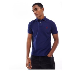 Polo Ralph Lauren slim fit pique polo with red player logo in washed navy