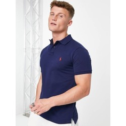 Polo Ralph Lauren slim fit pique polo with red player logo in washed navy